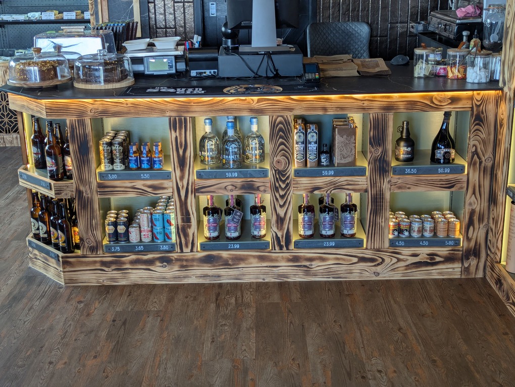 Drinks and bottles on the shop shelves